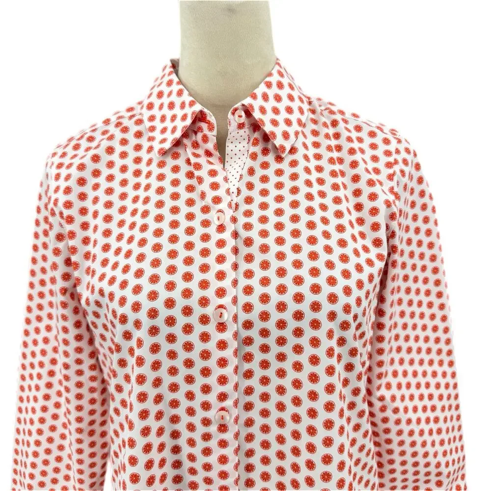 Foxcroft White Orange Citrus Structured Collared Button Up Preppy Blouse Top